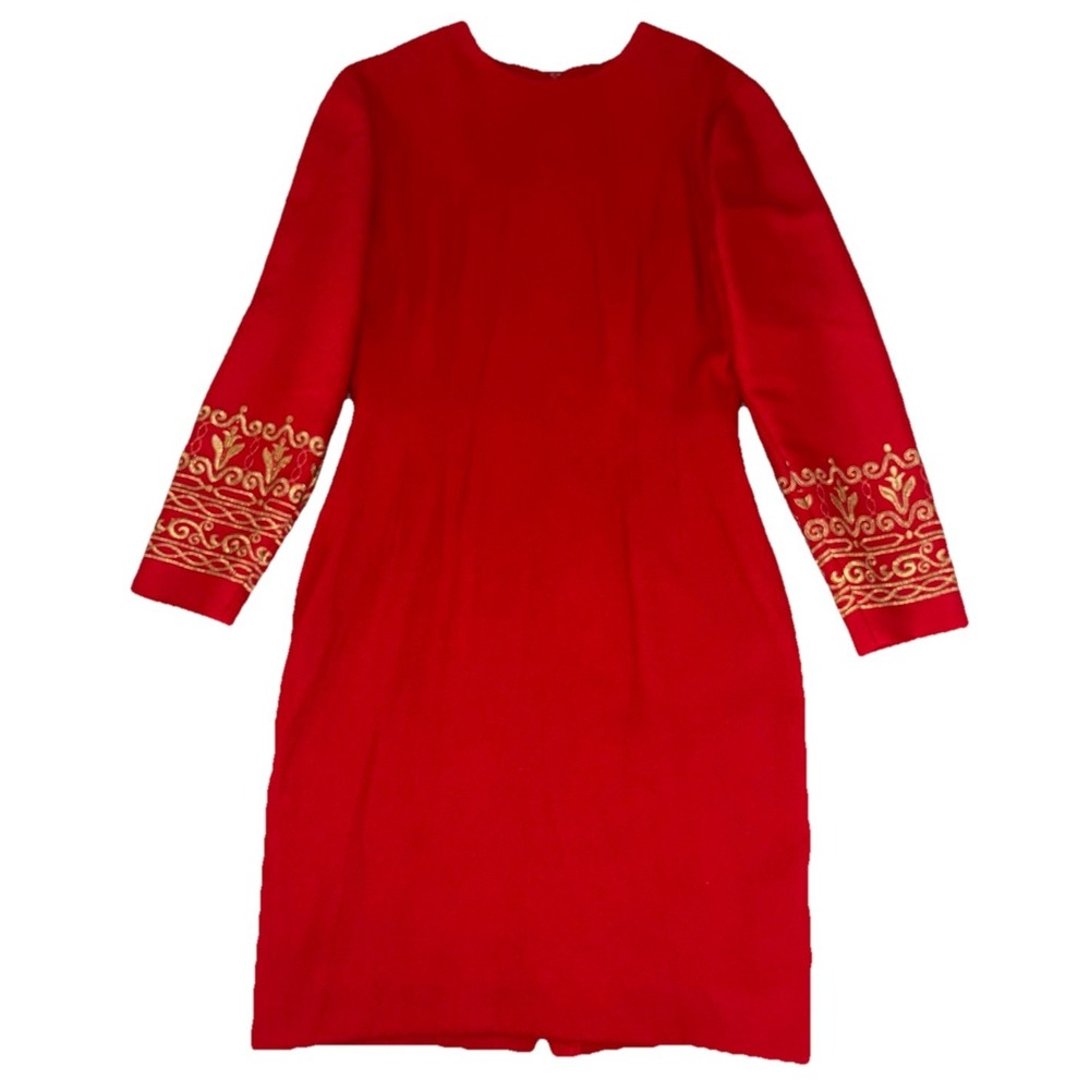 Vintage 80s Gantos Dress 8 Red Gold Embroidered Sleeves Holiday Made In USA
